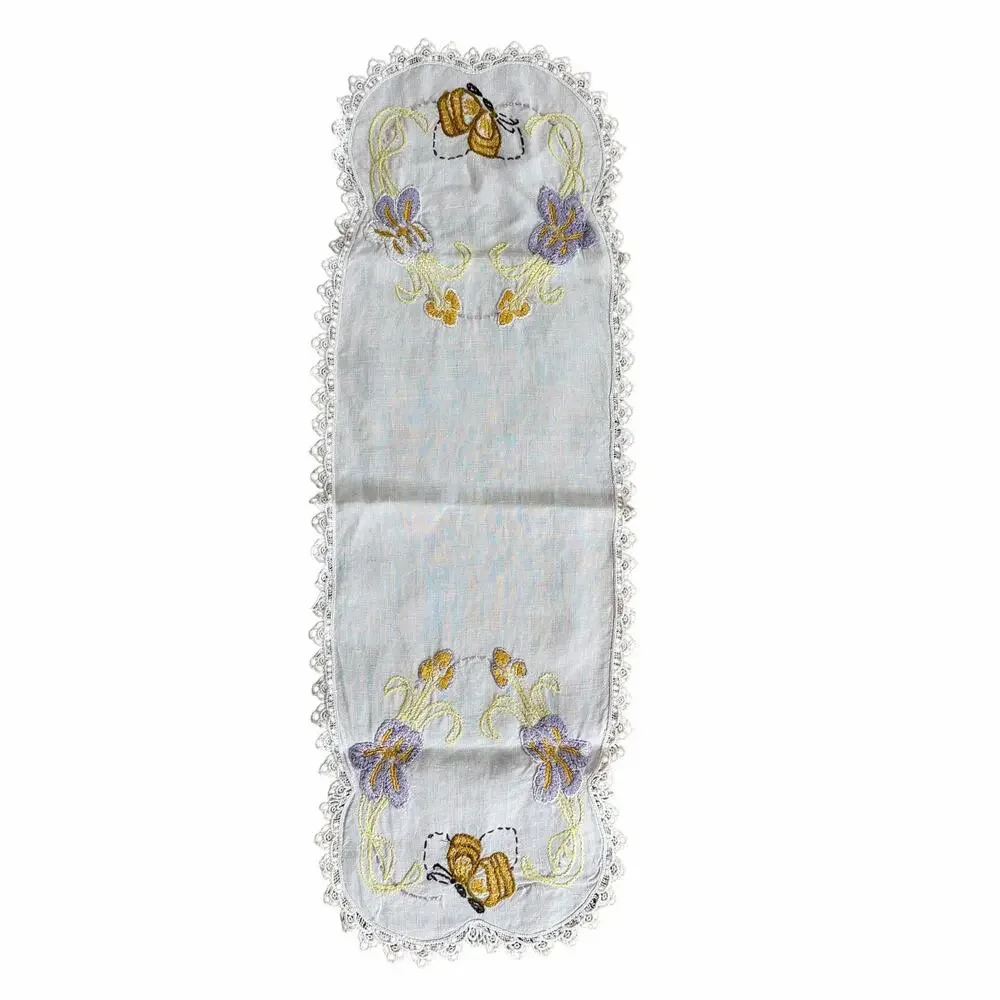 Vintage Embroidered Linen Dresser Scarf Table Runner Bee Floral 35x12.5